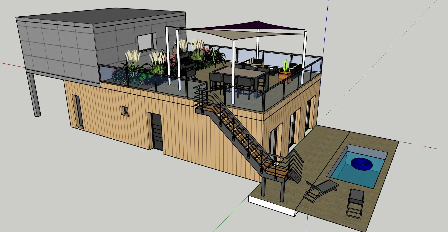 Le Mixte à étage : terrasse sur le toit et escalier extérieur