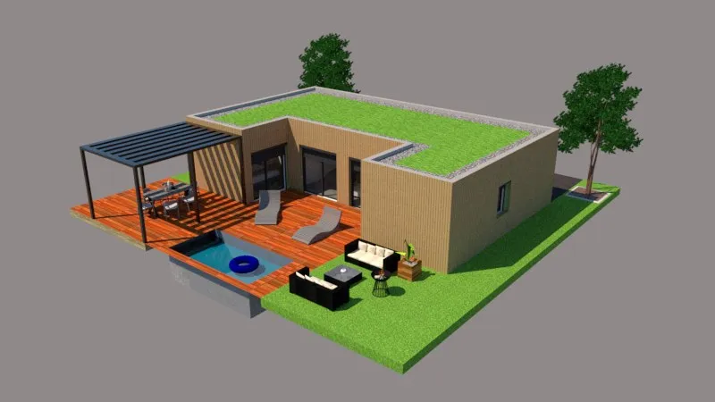 Le U mixte : Toiture végétalisée et salon de jardin