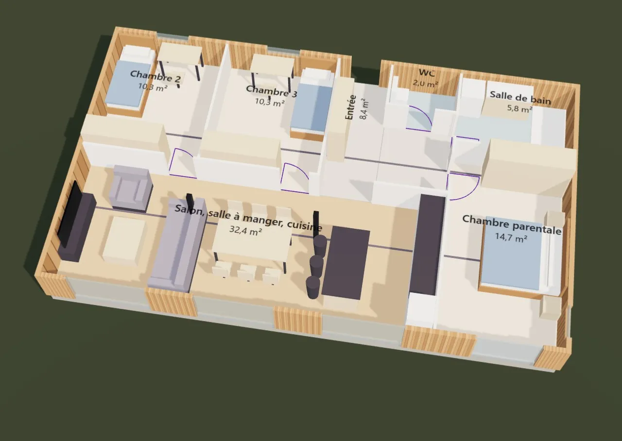 Le plain-pied 3 chambres : Aménagement intérieur meublé